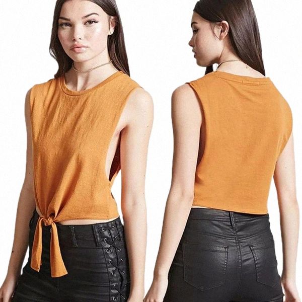 

women's tanks & camis women casual loose sleeveless crop vest summer solid o-neck tie knot tank female fashion high street cropped 25k, White