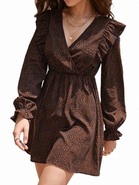 

frenchy dalmatian print ruffle trim surplice dress s4kq#, Black;gray