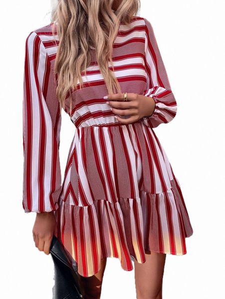 

striped bishop sleeve ruffle hem dress a7vs#, Black;gray