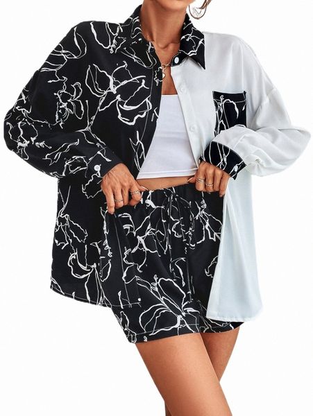

graphic print patched pocket drop shoulder shirt & shorts p2oa#, White