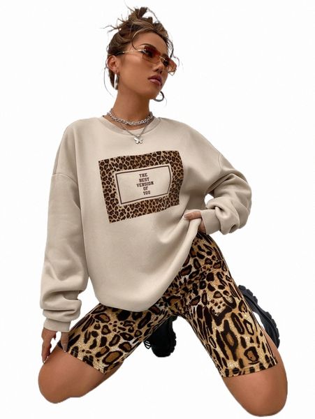 

leopard print drop shoulder pullover & biker shorts v93y#, White