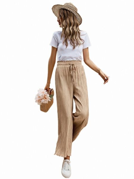 

drawstring waist lettuce trim plisse wide leg pants 58ua#, Black;white