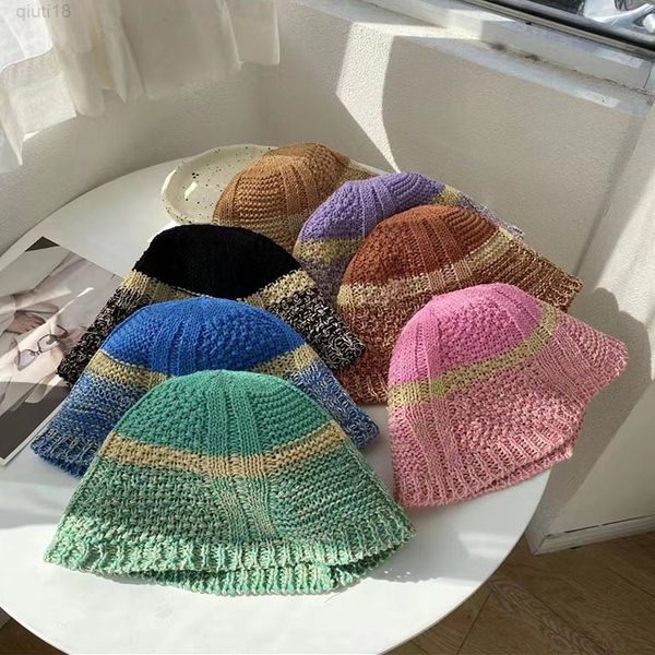 

new hand woven contrasting color bucket hat summer breathable knit crochet sunscreen hat korean niche all match basin hat women y220818, Blue;gray