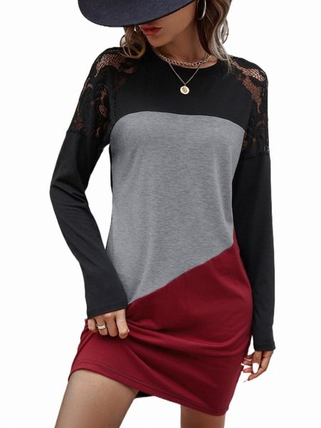 

contrast lace raglan sleeve colorblock dress n3sw#, Black;gray