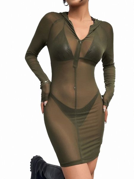 

1pc half zip placket hooded mesh bodycon dress y7pw#, Black;gray