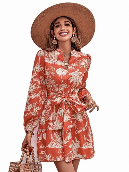 

plants print notched neck belted dress 78by#, Black;gray