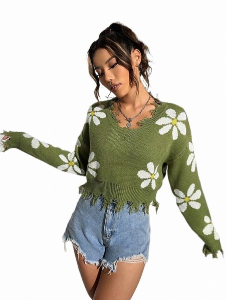 

floral pattern drop shoulder distressed sweater x1wc#, White;black
