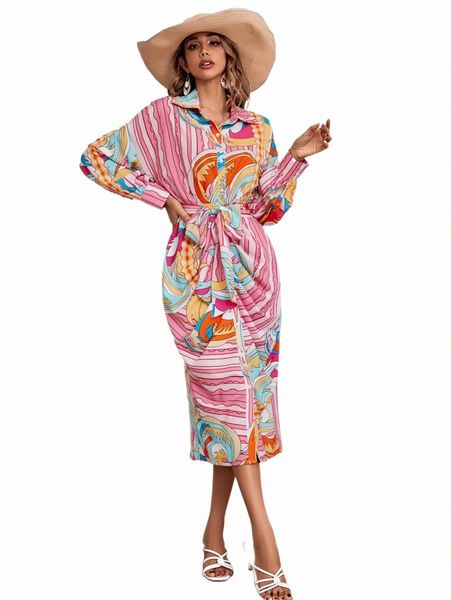 

striped and scroll print drop shoulder belted shirt dress 08yx#, Black;gray