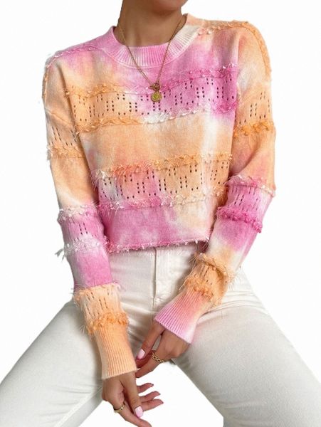 

tie dye pointelle knit fringe trim drop shoulder sweater v0rk#, White;black