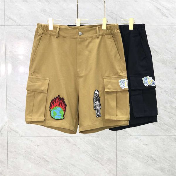 

22ss elastic shorts earth skull embroidery women men summer spring cargo high street middle jogger jogging pants