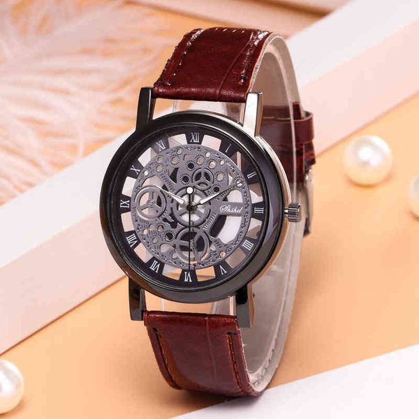 

huiya06 fashion hollow leather strap business men's quartz watch, Slivery;brown