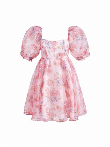 

mod allover floral print puff sleeve organza dress p6qt#, Black;gray