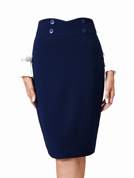 

emery rose asymmetrical waist fake button slit back skirt 14de#, Black