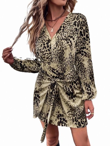 

leopard print lantern sleeve tie side wrap dress z1ua#, Black;gray