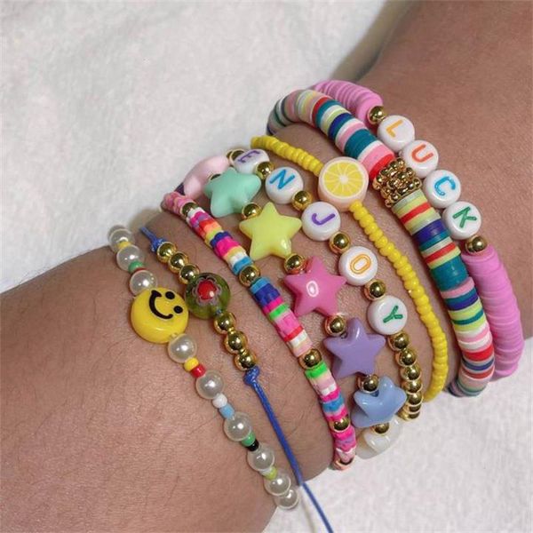 

8pcs set boho strand mix color star letters wings smiley natural stone beads hand woven bracelet women summer beach jewelry, Black
