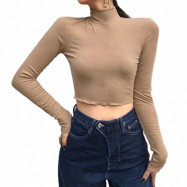 

rib knitted stretch women turtleneck solid color slim bodycon casual streetwear clothing sweet lady chic crop women's t-shirt a7or#, White