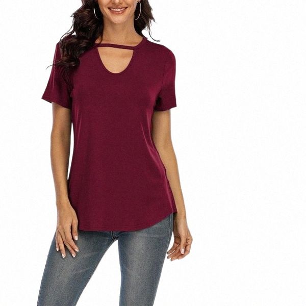 

women's fashion casual short sleeve pure color v-neck hollow t-shirt h9tb#, White