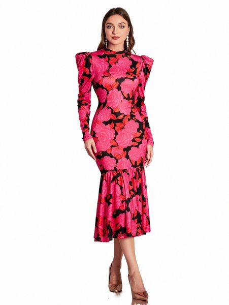 

allover floral print gigot sleeve ruffle hem dress v2tj#, Black;gray