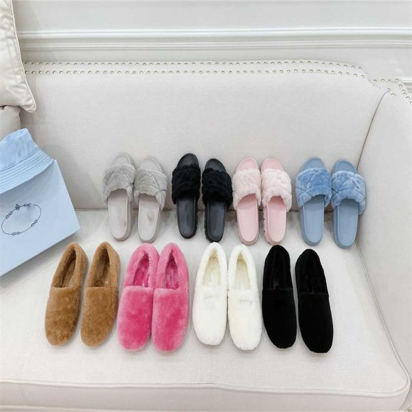 

women fur slippers designer wool slippers plush triangle metal p solid color flip flop fashion winter warm rubber non-slip bottom cloudbust, Black