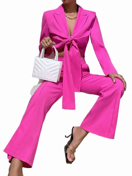 

lapel neck tie front blazer & flare leg pants b11o#, White