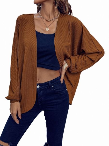 

solid drop shoulder open front coat x3ri#, Black