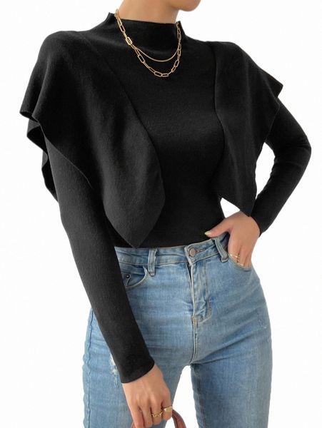 

mock neck ruffle trim sweater y6uj#, White;black