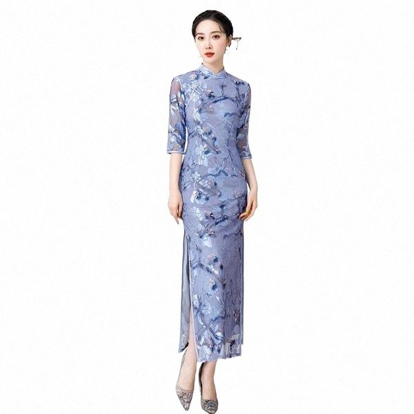 

ethnic clothing blue vintage button banquet party dress gown lace high split cheongsam mandarin collar qipao lady chinese style vestido e4dg, Red