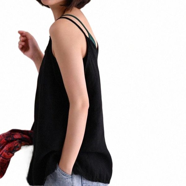 

women's tanks & camis micoco b8118 linen halter vest with v neck n6n2#, White