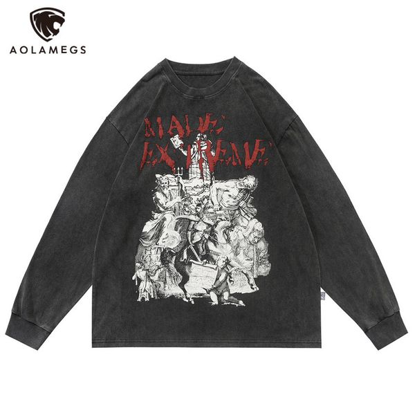 

aolamegs men oversized sweatshirt abstract retro portrait graphic print retro long sleeves pullover hip hop high street clothes, Gray