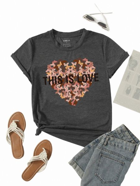 

heart and slogan graphic round neck tee f0sc#, White
