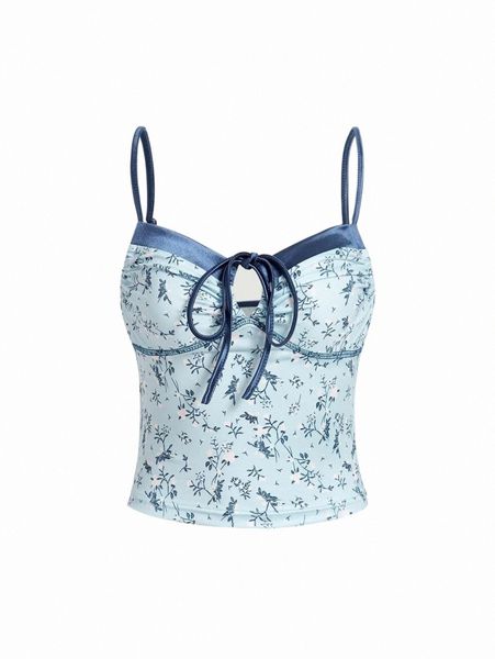 

mod floral print knot front crop cami r57m#, White