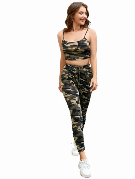 

camo print cami crop & drawstring waist pants set s4v4#, White