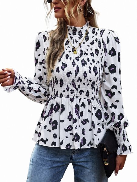 

allover print flounce sleeve shirred peplum blouse p2bt#, White