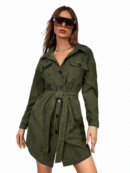 

flap pocket drop shoulder belted corduroy shirt dress t623#, Black;gray
