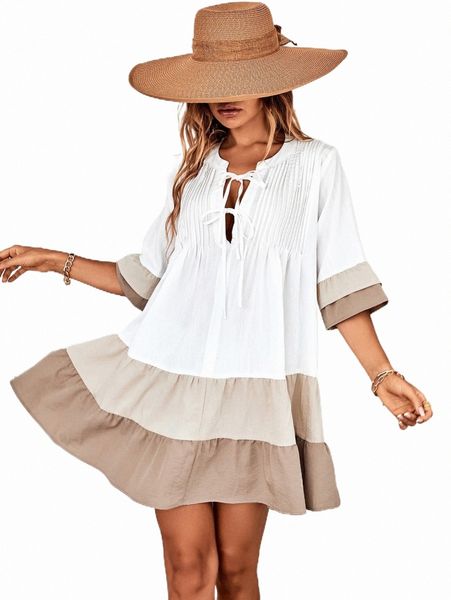 

color block flounce sleeve tie neck ruffle hem smock dress q5hc#, Black;gray
