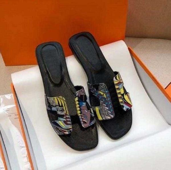 

fashion luxury printed lambskin h slippers women sandals slides shoes woman 2022 designer flat heels home summer slipper female flip flop, Black