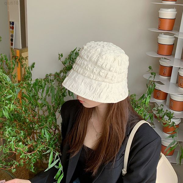 

2022 spring and summer pleated seersucker fisherman hat female korean panama hats goros caliente para mujer sonbreros de verano y220818, Blue;gray