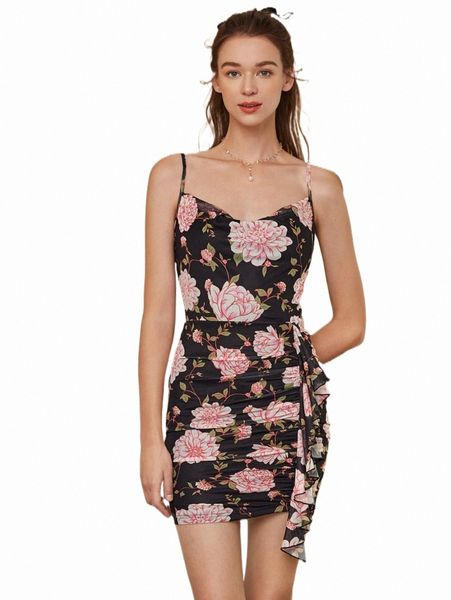 

mod floral print ruffle trim ruched mesh bodycon dress f0qt#, Black;gray