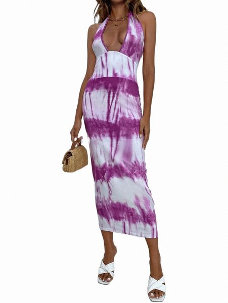 

tie dye backless halter dress 136j#, Black;gray