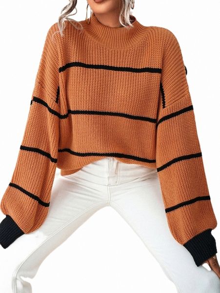 

stripe pattern mock neck drop shoulder sweater i7tl#, White;black