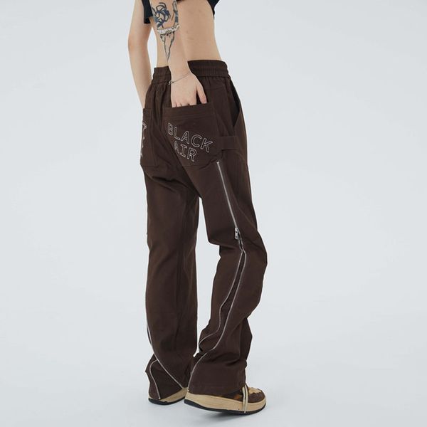 

back letter pockets long zipper black brown drawtring men's and women's cargo retro high street straight casual baggy trousers