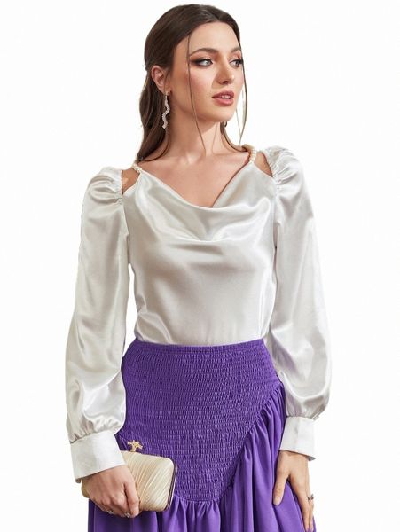 

cowl neck cut out flounce sleeve satin blouse d0zz#, White