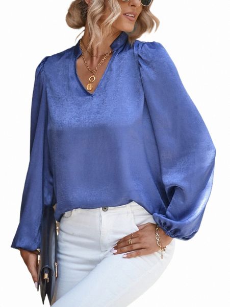 

notched neck lantern sleeve satin blouse x0h2#, White