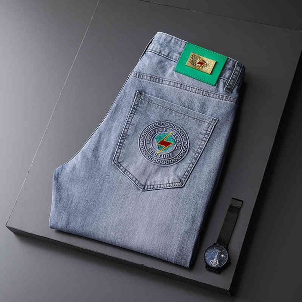 

men's jeans summer thin medusa embroidered jeans men's spring korean elastic slim fit washed leggings casual and versatile hn3h, Blue