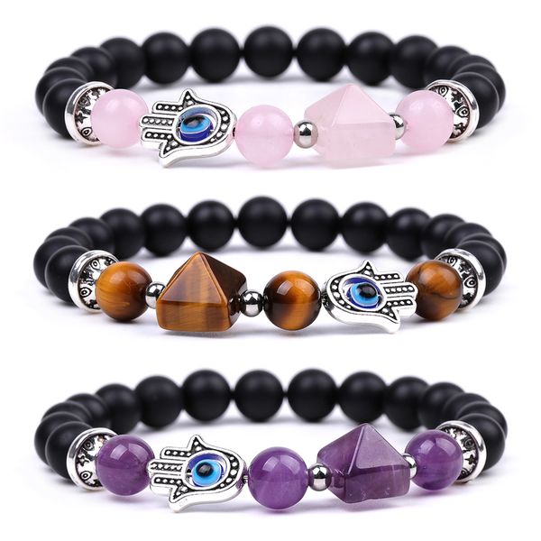 

reik healing natural crystal stone turkish evil eye hand bracelet amethyst aventurine tiger's eye bracelets, Golden;silver