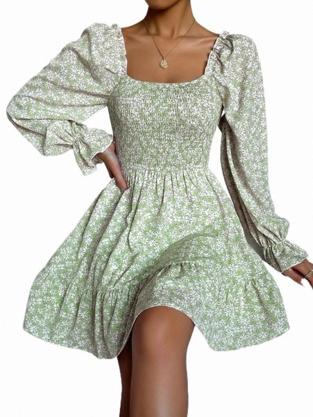 

ditsy floral shirred bodice flounce sleeve ruffle hem dress e12y#, Black;gray