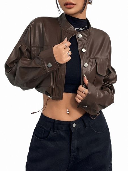 

flap pocket drop shoulder drawstring hem crop pu jacket 42la#, Black;brown