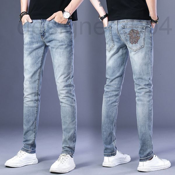 

men's jeans designer medusa embroidery brand hong kong trend men's denim pants elastic slim fit small foot ddrj, Blue