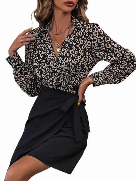 

leopard print knot side shirt dress f36h#, Black;gray