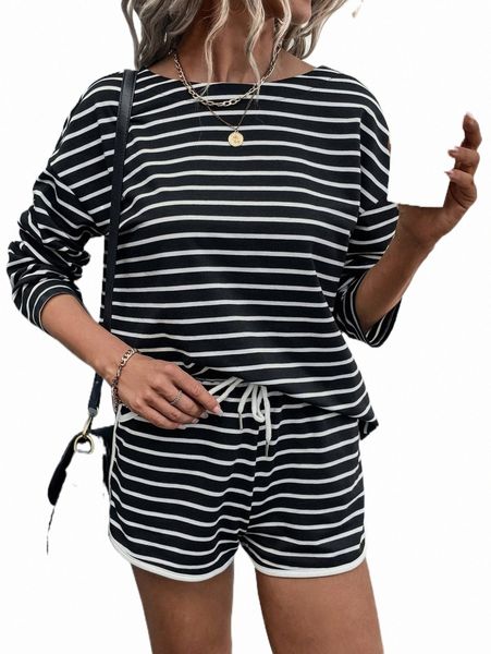 

striped drop shoulder tee with track shorts s0zo#, White